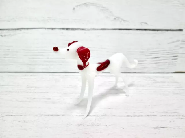 Miniature Greyhound Whippet Dog Figurine Hand Blown Art Glass Red White 3" Vtg