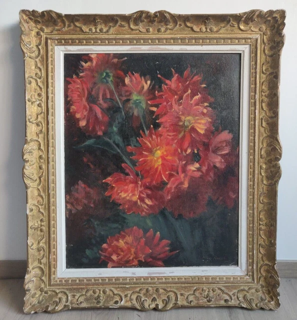 ELIE MILLER RANSON Tableau HUILE sur TOILE signe BOUQUET DE FLEUR cadre bois