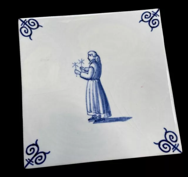 RARE 5x5 ceramic tile Dutch Blue Delft Monk man robes flowers BA year code 1905
