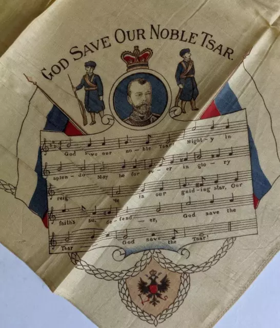 Wwi Era Patriotic Printed Scarf, Silk Handkerchief God Save The King, Tsar, Etc. 2