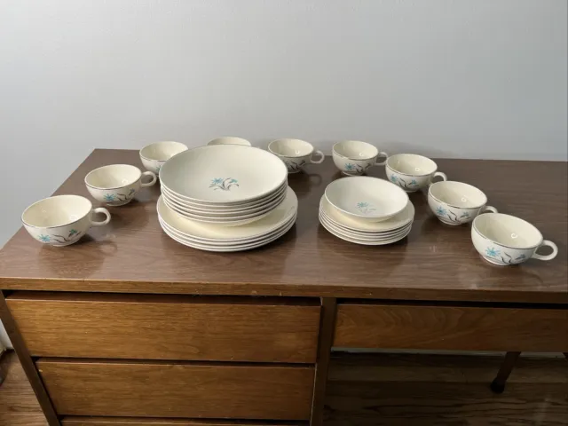 Atomic McM Salem Platinum Blue Silver Dinner Plates Bowls Mugs 26 pc set Dishes