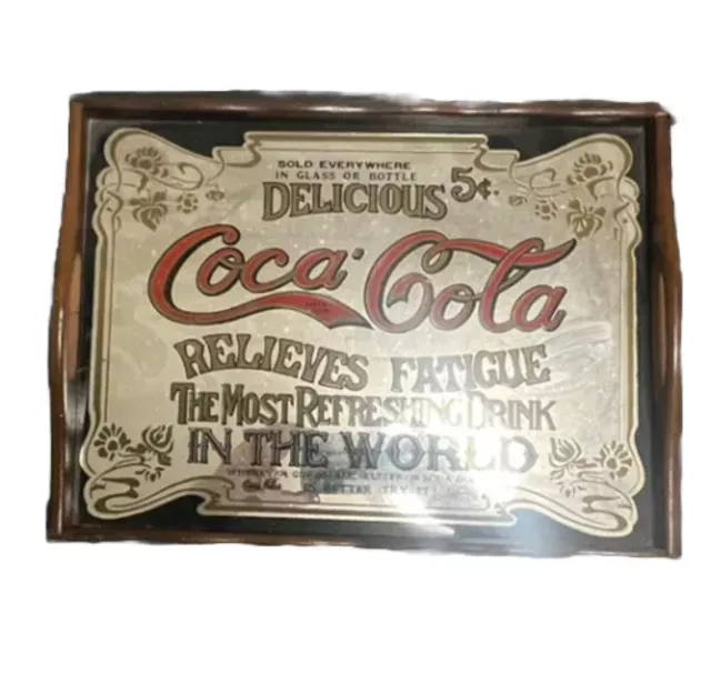 Delicious Coca-Cola Relieves Fatigue Mirror Tray Sign 5 Cents, 70s, Vintage