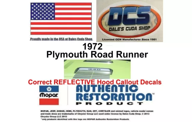 1972 Plymouth Road Runner Correct Reflective 340 Hood Decals 3574080 New MoPar