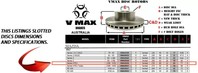 SLOTTED VMAXS fits MAZDA RX7 Series 4 FC1 1986-1992 FRONT Disc Brake Rotors 2