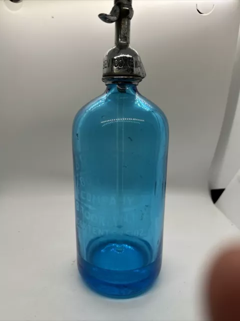 Rare Antique French Soda Siphon Blue Glass Seltzer Bristol Bottling Brooklyn Ny