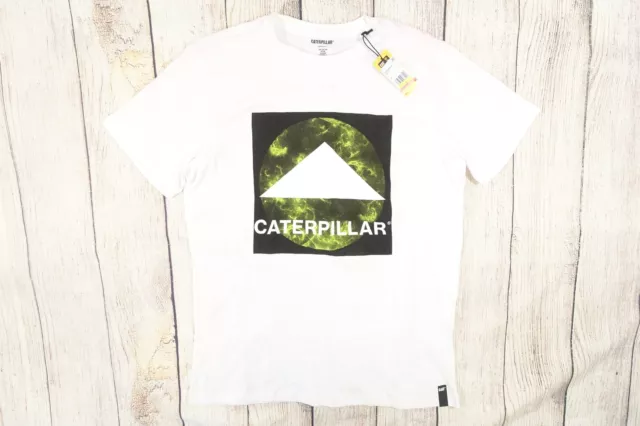 CATERPILLAR Chat Blanc M Sphère Triangle Logo T-Shirt Hommes Neuf