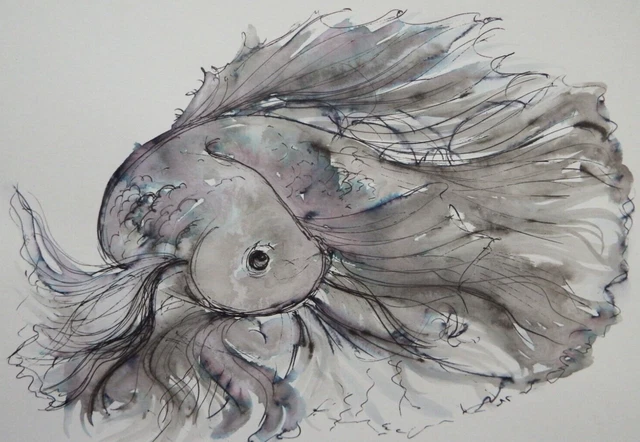 Two Fish Beta Ink ORIGINAL PEN AND ink wash drawing of a Siamese Fighting Fish Betta fish ...