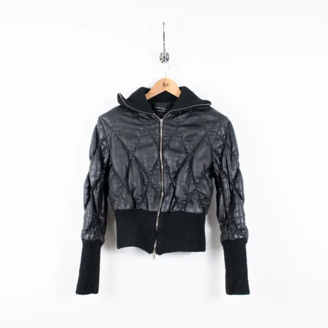 Vera Pelle Full Zip Puffer Quilted Black Genuine Leather Bomber Jacket Women's M