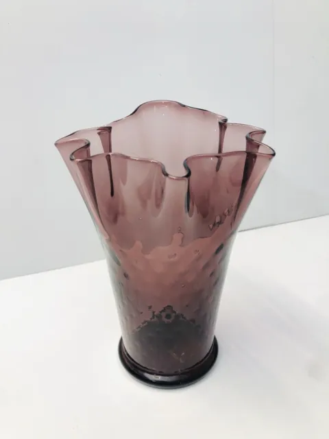 Vintage Hand Blown Purple Amethyst Glass Vase Handkerchief Rim