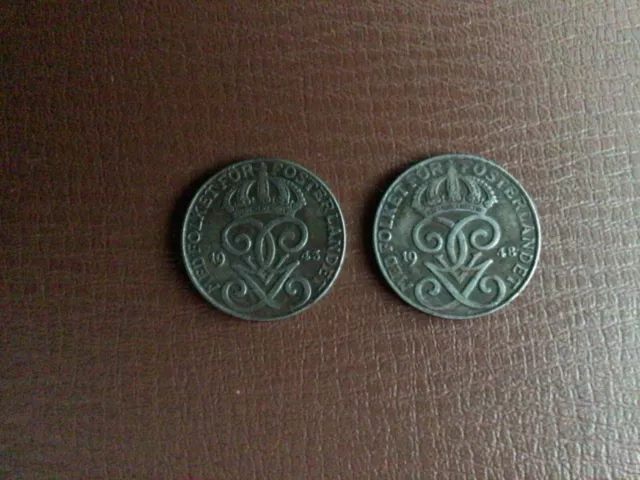 2 sweden 2 ore dark iron coins 1943&1949