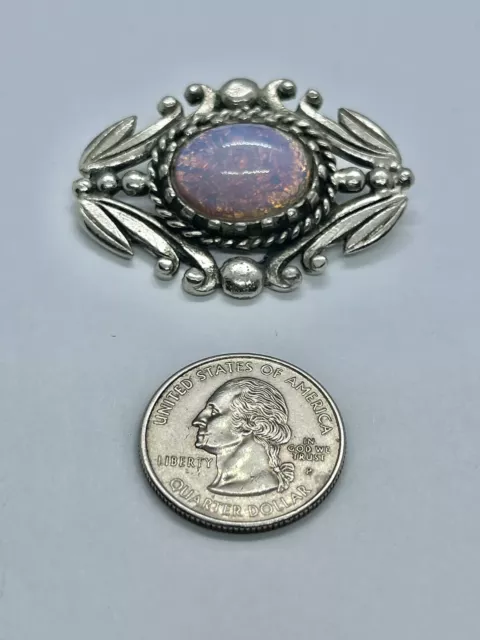 Vintage Antiqued Silvertone Faux Unfoiled Oblong Opal Art Glass Brooch