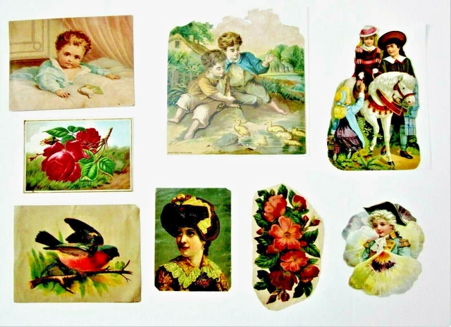 Lot of 8  Large Antique Victorian Scrap & Die Cuts - 1800's