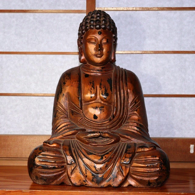 Japanese wooden Amitabha Buddha statue Amida Nyorai ornament okimono 18.5 inch