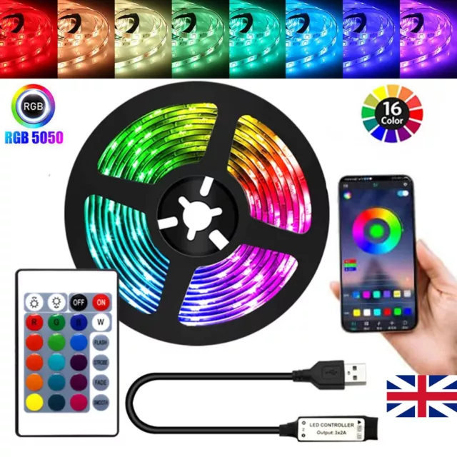 1-5M USB LED Strip Lights 5050 RGB Colour Changing Tape TV Lighting Bluetooth UK