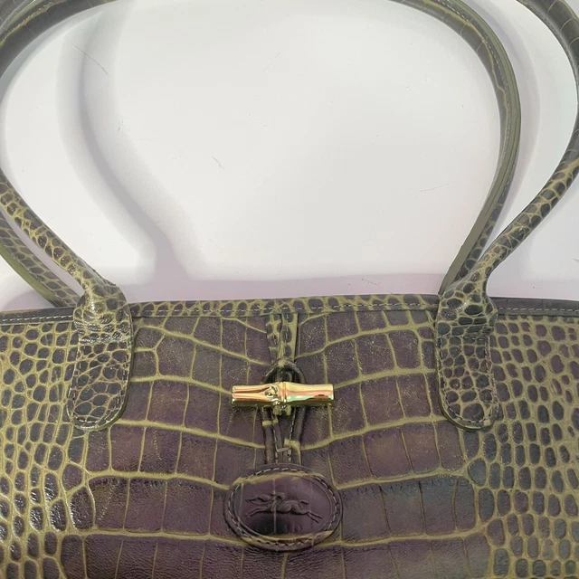 LONGCHAMP Roseau Green Croc Embossed Shoulder Bag With Dust Cover 11