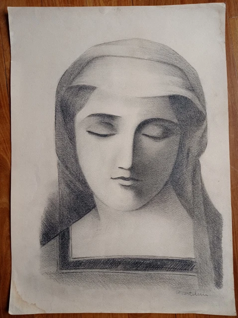 Pittore Pietro Cortelezzi Studio a carboncino di Madonna prima metà XX secolo
