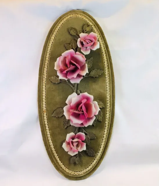 1970’s Vintage Italian Capodimonte Porcelain Roses Velvet Wall Plaque / Hanging