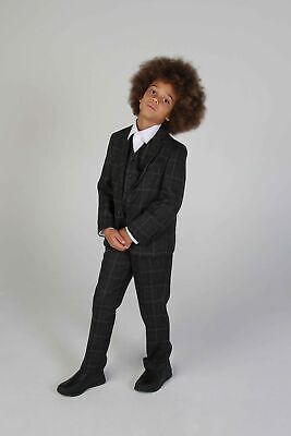 Boys Grey Tweed Check 3 Piece Suit Premium Kids Childrens Wedding Suit Ages 1-14