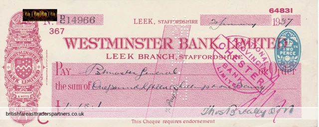 Vintage 1937 Westminster Bank Limited Leek Staffordshire Cheque
