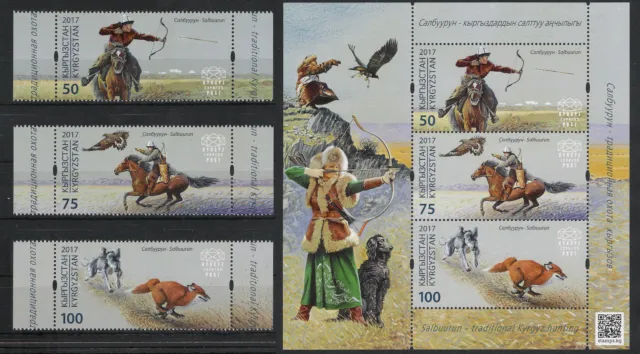 Kyrgyzstan KEP Express Post Mi# 69-71+ Bl 18 ** MNH Hund Pferd Greifvogel Jagd