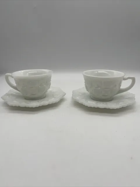 2 Westmoreland Milk Glass Old Quilt Tea or Espresso Cup & Saucer Sets