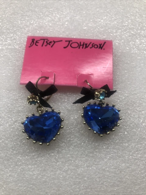 Betsey Johnson Blue Heart Crystal Rhinestone Bow Drop Earrings Nwt Rare