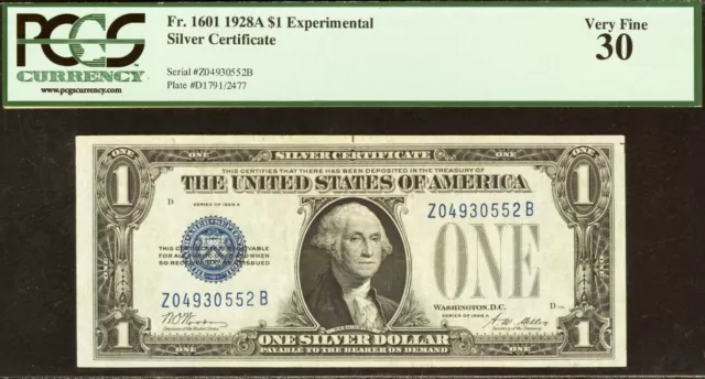 1928A $1 Silver Certificate PCGS 30 Experimental ZB Block Fr 1601exp