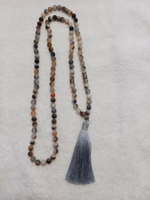 Mala Prayer 108 Beads  Necklace, Botswana Agate