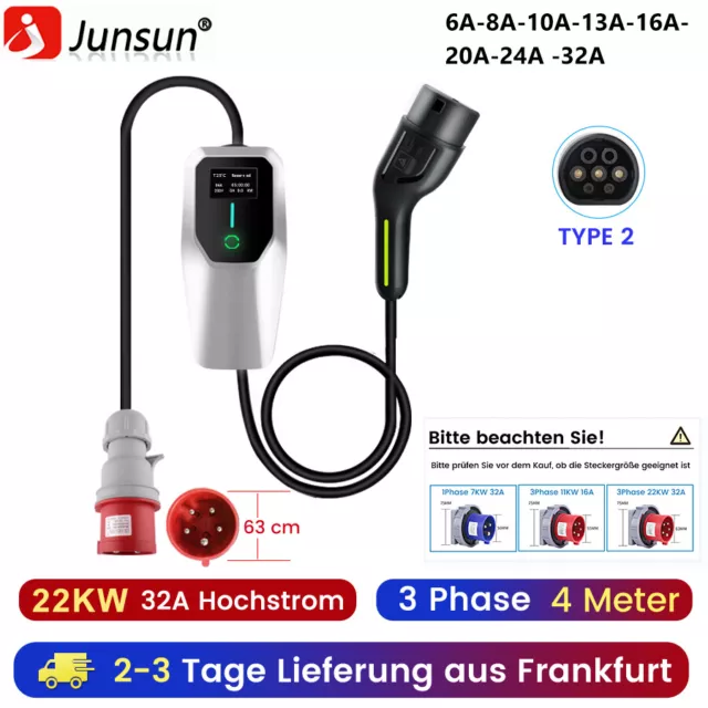 Tragbares Ladekabel Umschaltbar EV Ladegerät für Elektrofahrzeuge Typ 2 CEE 22KW