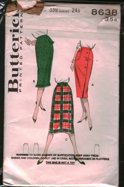 8638 Vintage Butterick Sewing Pattern 1950s Misses Slim Sheath Skirt Casual OOP