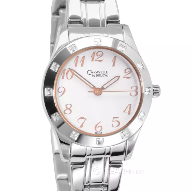 Caravelle by Bulova Womens Crystals Watch, White Dial Rose Gold, Stainless Steel