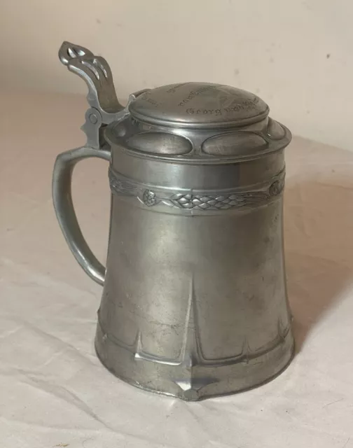 Antique ornate 1800's Arts & Crafts engraved pewter German lidded beer stein mug