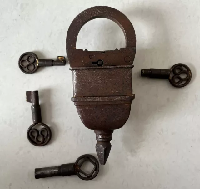 Vintage Iron 4 Keys Tricky Puzzle System Padlock Collectible, Rich Patina