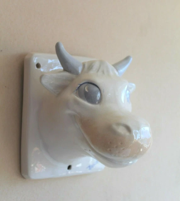 Vintage MidC Pop Art Porcelain Wall COW Head Hook Cute Pastel ~ Signed Brosseau
