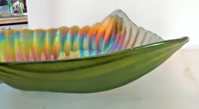 Vintage Fenton Style Very Large Iridescent Green Lustreware Glass Leaf Bowl 3