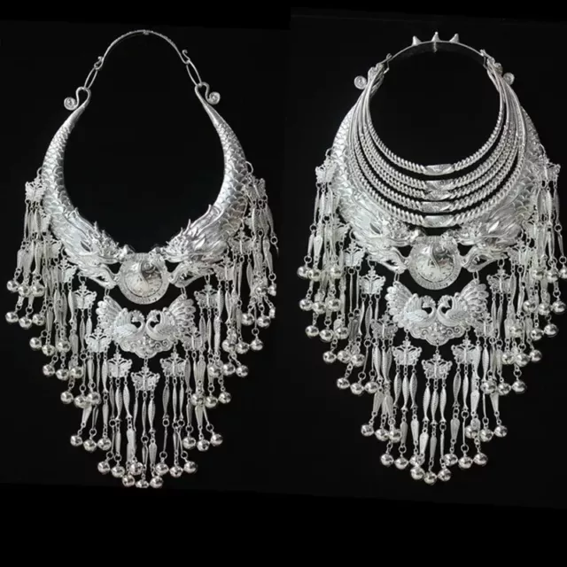 Exotic Tribal chinese handmade miao silver Dragon Phenix tassels necklace 1piece