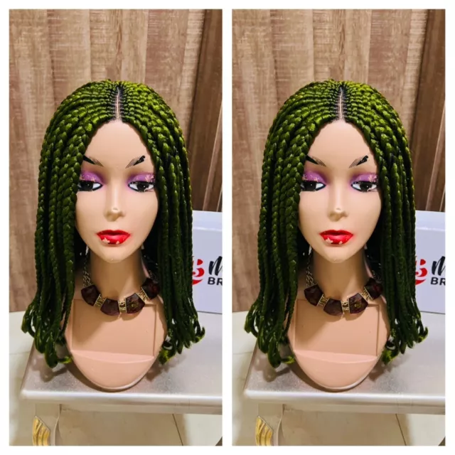 Ghana Weave Lace Front Centre Part Loose Braids Wig. Bob Wig. Army Green. NEW