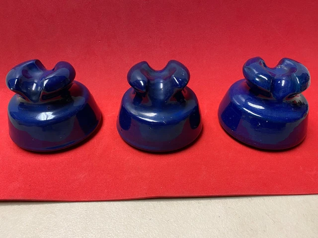 3 very nice vintage Porcelain Insulators Cobalt Blue Ceramic Saddle Top unmarked