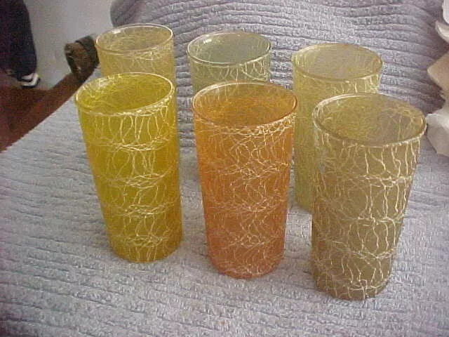 Set of 6 ~ MCM Vintage MID CENTURY Colored SPAGHETTI STRING Tumblers