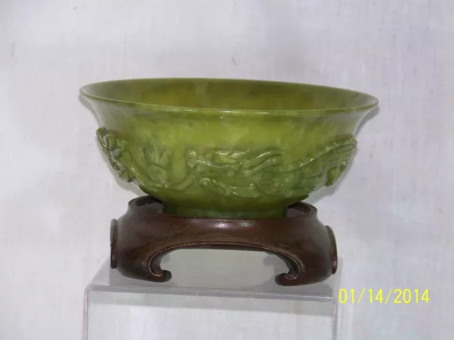 Chinese Hand Carved Hetian Jade Large Bowl w/Custom Made Box