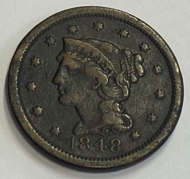 1848 Large Cent Matron Braided Hair 1C Ungraded Choice US Copper Coin