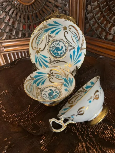 Pair of Bone China Royal Chelsea, Turquoise Enamel and Lush Gold, Bird Motif Cup