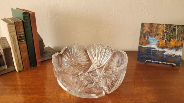 Antique American Brilliant Cut Glass Crystal 8" Wide 3 3/4" Tall Sawtooth Bowl
