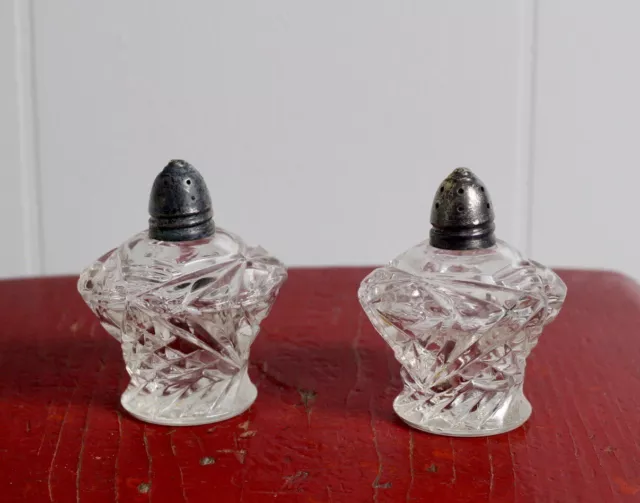Antique Cut Glass W/Sterling Silver Tops Salt & Pepper Shakers Height 3" Rare