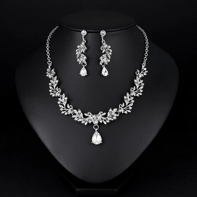 Set Gioielli Matrimonio Sposa Goccia d'Acqua Cristallo Strass Collana Earri&ee