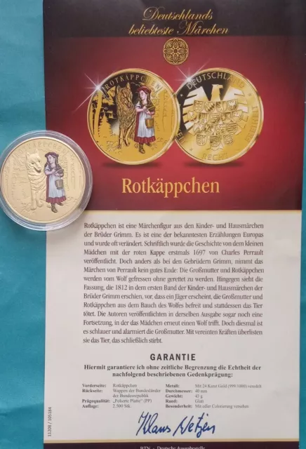 ROTKÄPPCHEN Piedfort Gedenkprägung Farbmünze 43g Gold Veredelung Gebrüder Grimm 2