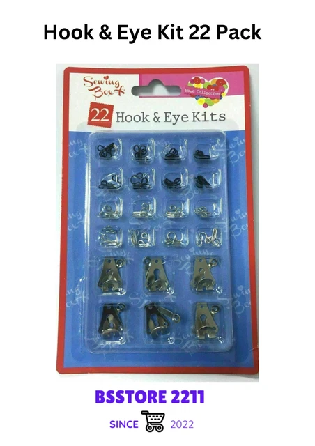 Kit de gancho y ojos paquete de 22 sujetadores tamaño surtido caja de coser metal plateado negro