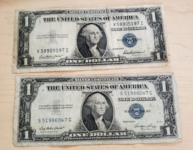 1935 Silver Certificates - Lot of 2 one-dollar bills - No Motto, Blue seal