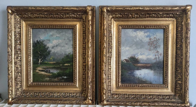 RARE PAIRE DE Deux Tableaux Anciens Époque Fin Xix École De Barbizon