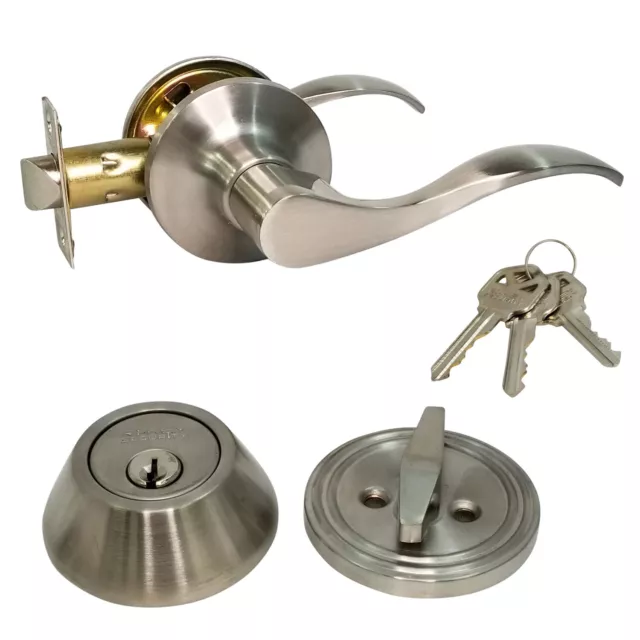 Passage Lever and Keyed Deadbolt Lock Set Entry Kw1 Stainless Steel 3 Keys